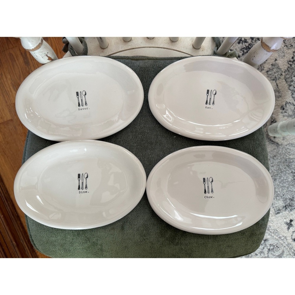 Rae Dunn 4 oval plates utensils ceramic white